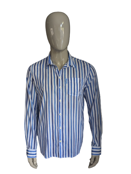 Escales Paris shirt. Blue white striped. Size XL.