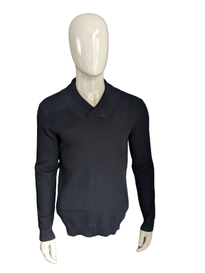 Blue industry sweater with sporty collar. Black rib motif. Size M.