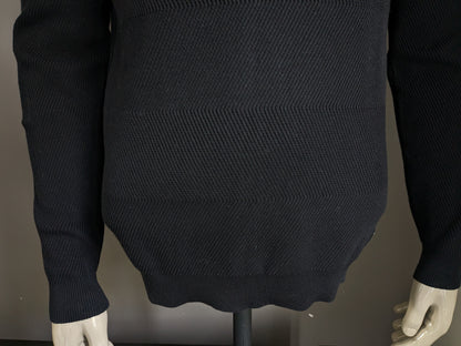 Blue industry sweater with sporty collar. Black rib motif. Size M.