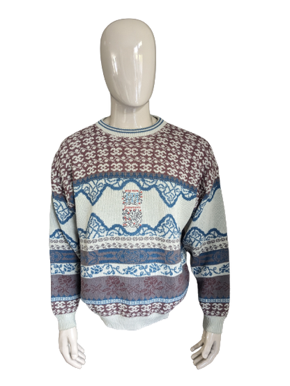 Vintage Wollen trui. Beige Blauw Lila gekleurd. Maat XL.