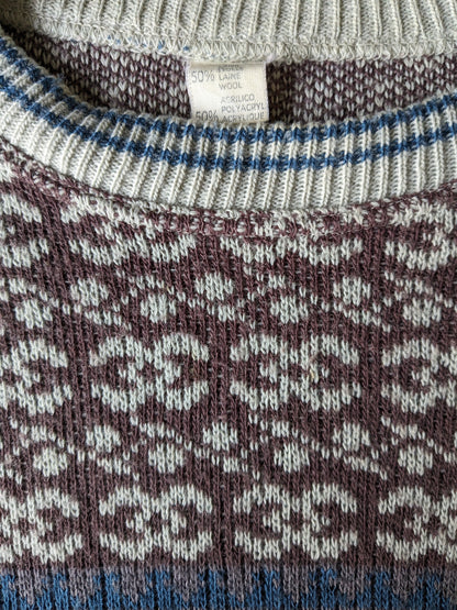 Vintage wool sweater. Beige blue lilac colored. Size XL.