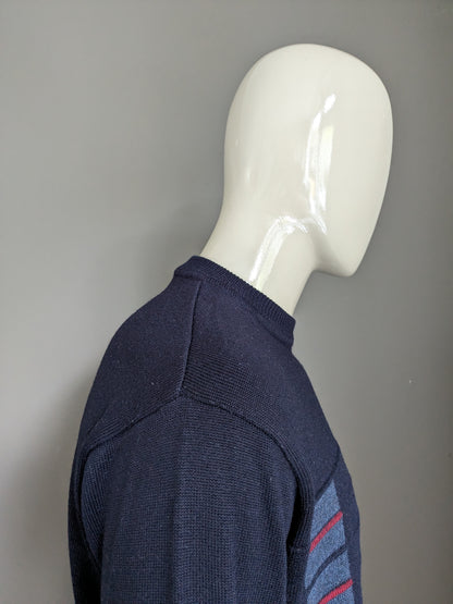 Vintage Bexleys Merino Wollen trui. Donker Blauw Grijs Rood gekleurd. Maat L.