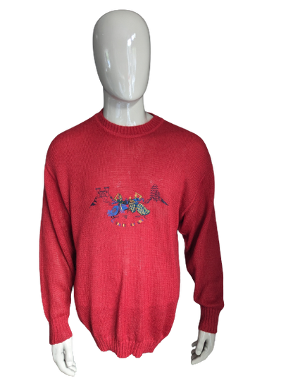 Vintage märz mohair wool sweater. Red colored with application front. Size XL.