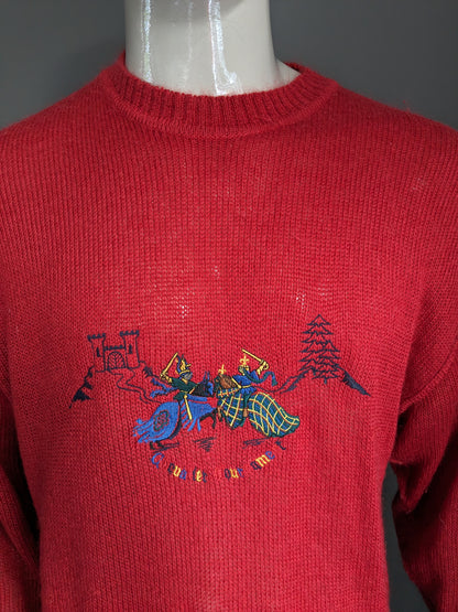 Pull en laine März Mohair vintage. Colore rouge avec le devant d'application. Taille xl.