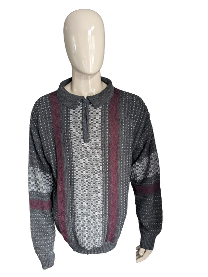 Vintage Claudio Ferrara wool sweater with zipper. Gray Bordeaux motif. Size 2XL / XXL.