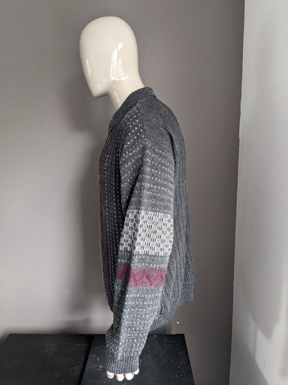 Vintage Claudio Ferrara wool sweater with zipper. Gray Bordeaux motif. Size 2XL / XXL.