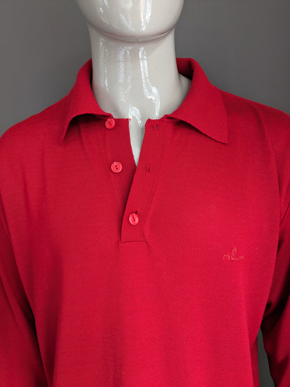 Vintage N.L.F. Maglione polo di lana con bottoni. Rosso colorato. Dimensione 2xl / xxl. 50% lana.