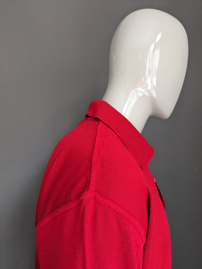 Vintage N.L.F. Wollen polotrui met knopen. Rood gekleurd. Maat 2XL / XXL. 50% Wol.