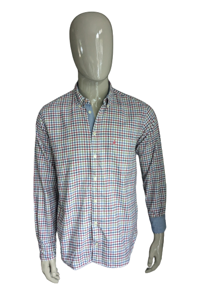 Macson shirt. Red blue green white blocked. Size L.