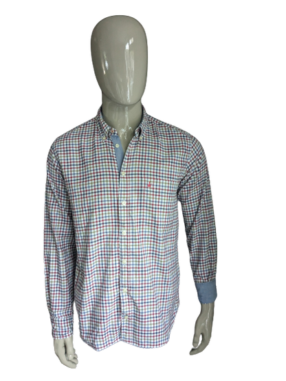 Macson shirt. Red blue green white blocked. Size L.