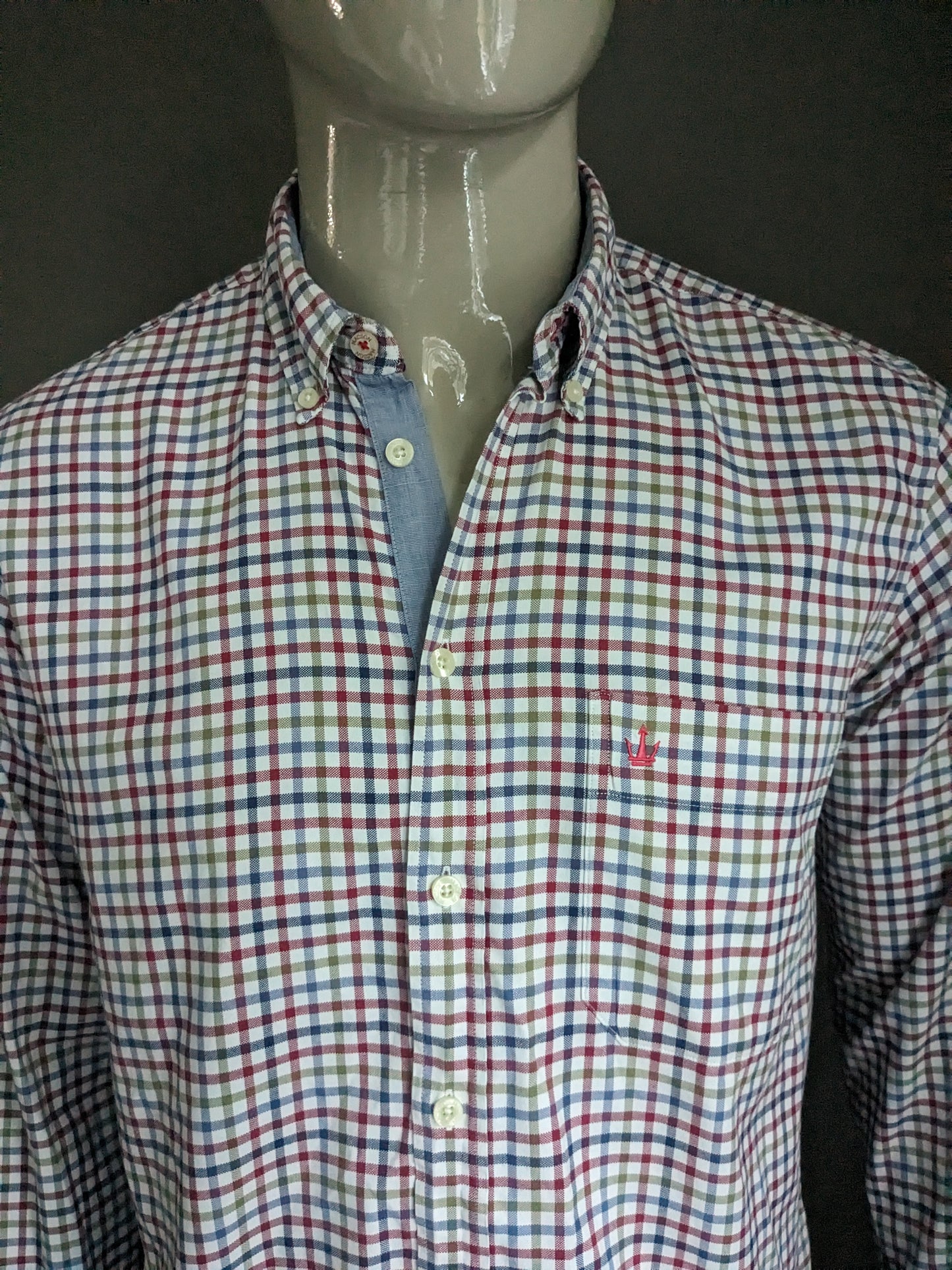 Macson shirt. Red blue green white blocked. Size L.