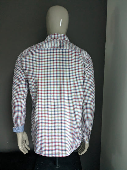 Macson shirt. Red blue green white blocked. Size L.