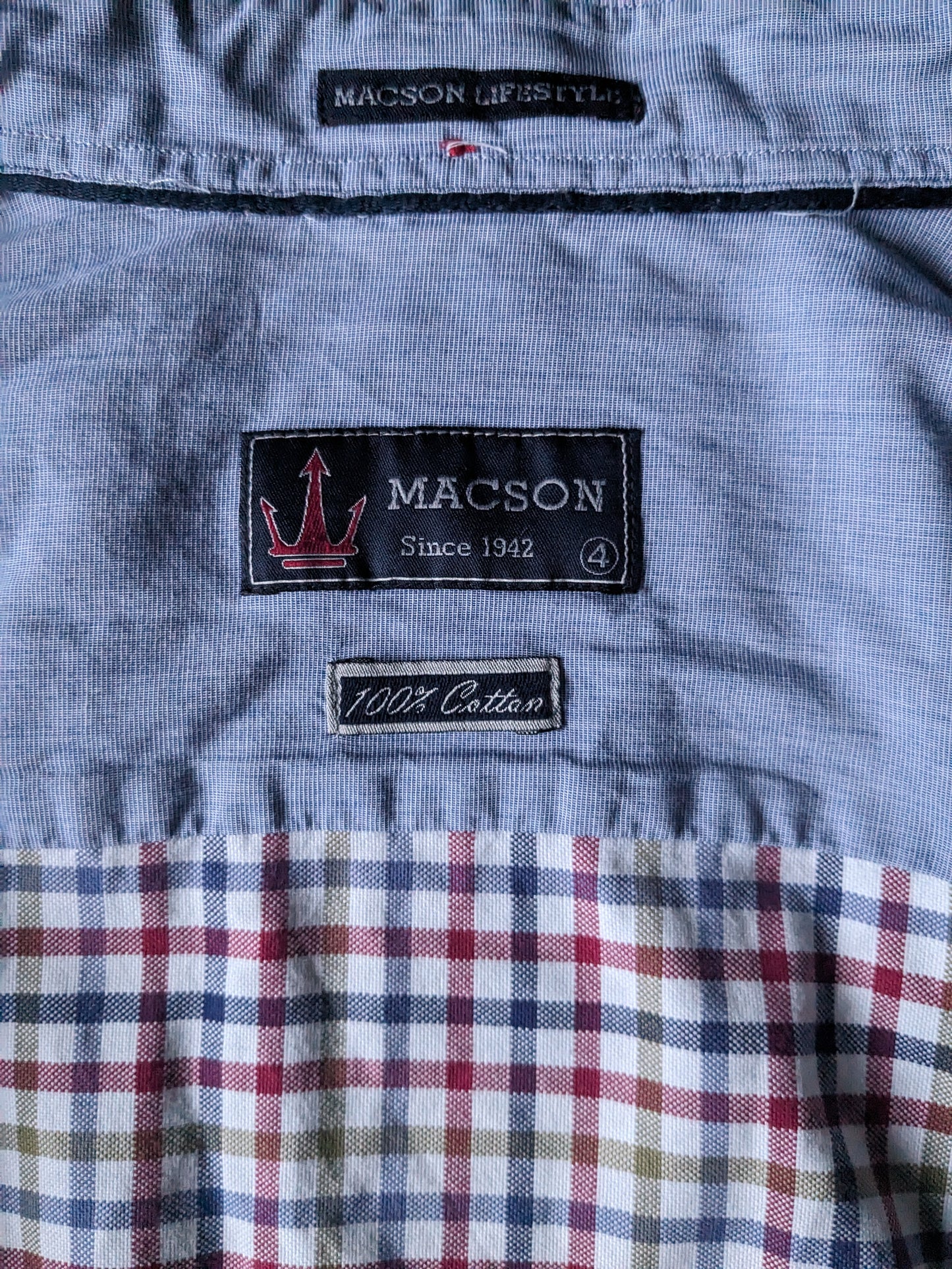 Macson shirt. Red blue green white blocked. Size L.