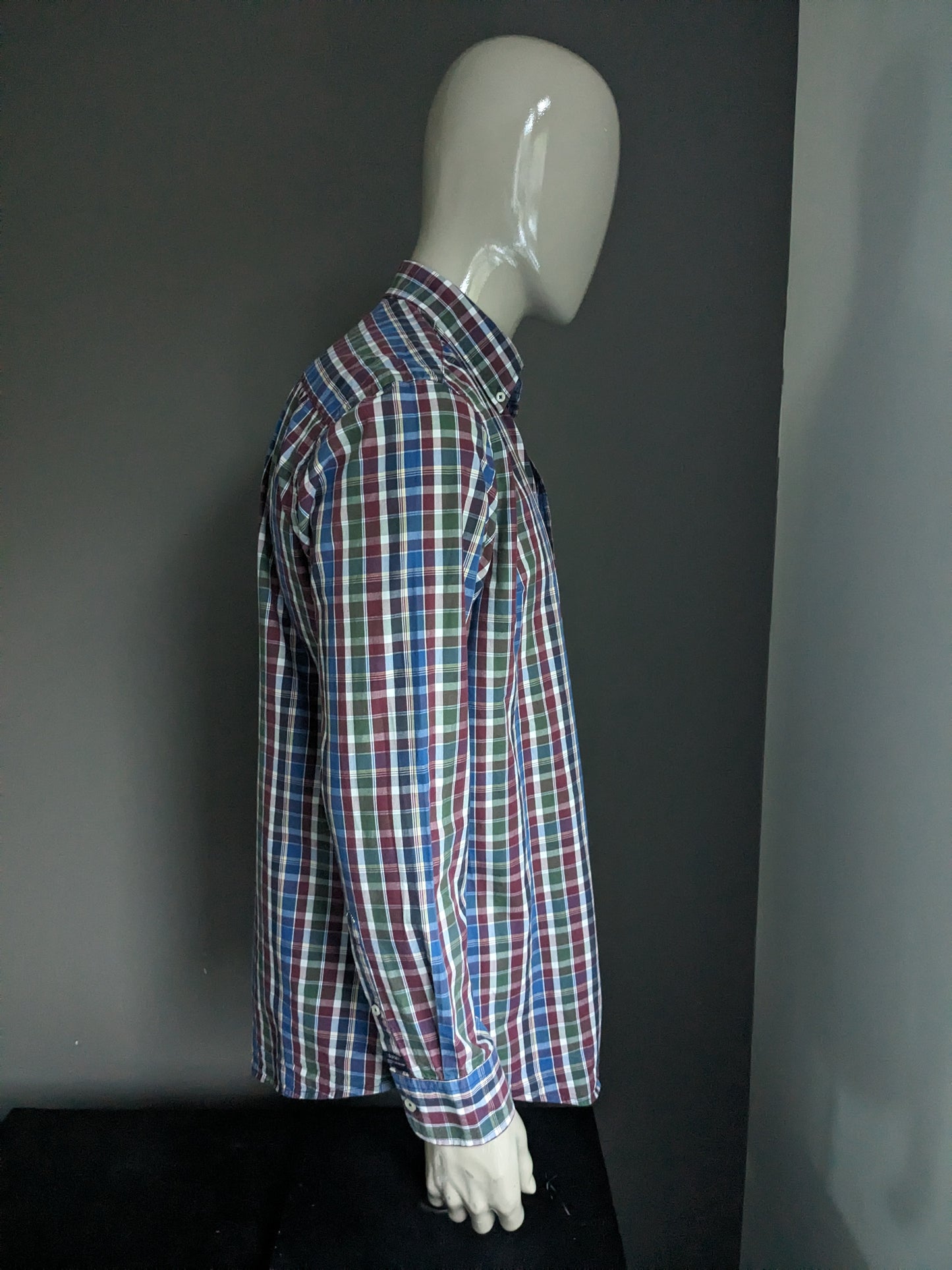 Bartlett shirt. Red blue green checked. Size L.