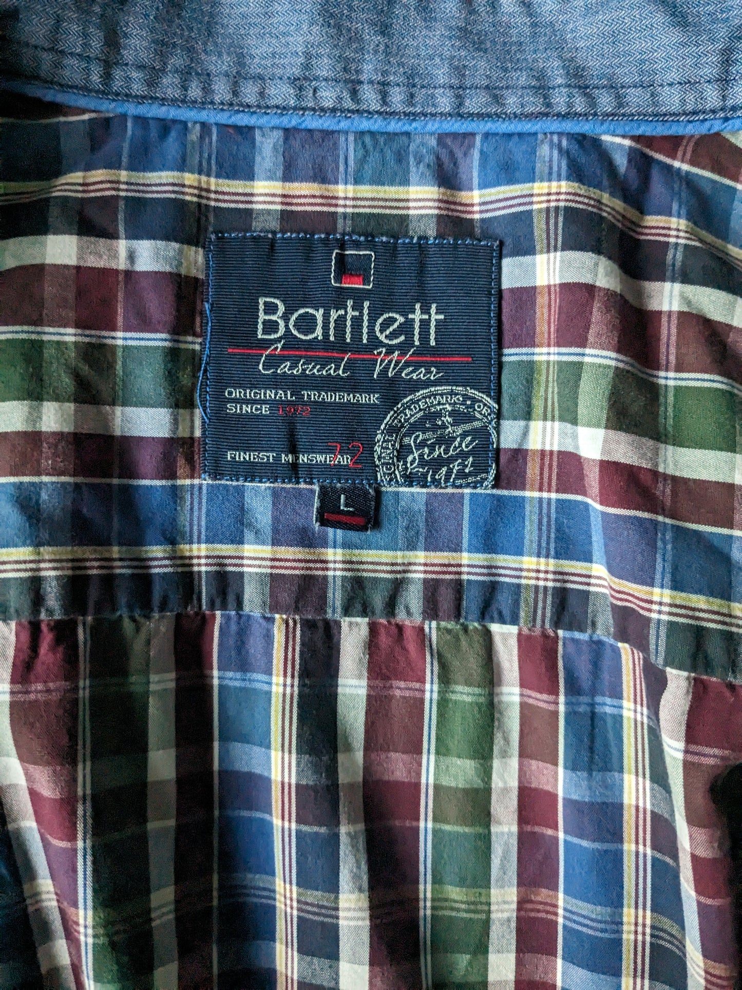 Bartlett shirt. Red blue green checked. Size L.