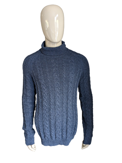 Pull de câble en laine Homme sélectionné. Gris bleu foncé mélangé. Taille L.