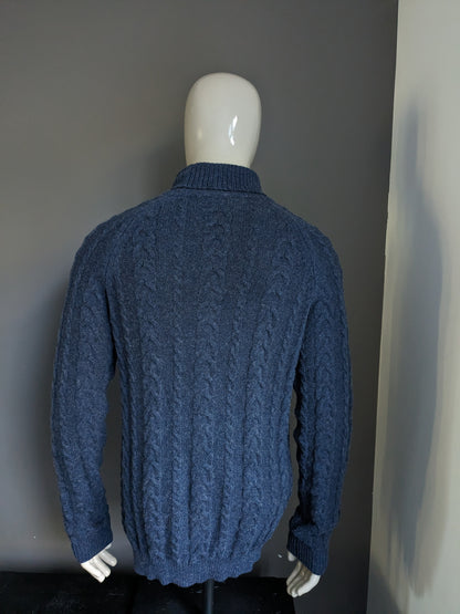 Pull de câble en laine Homme sélectionné. Gris bleu foncé mélangé. Taille L.