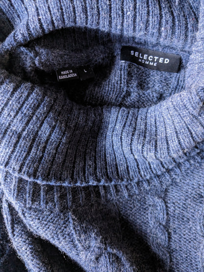 Selected homme woolen cable sweater. Dark blue gray mixed. Size L.