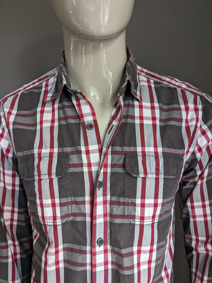 s.Oliver shirt. Brown red white checkered. Size L. Slim Fit.