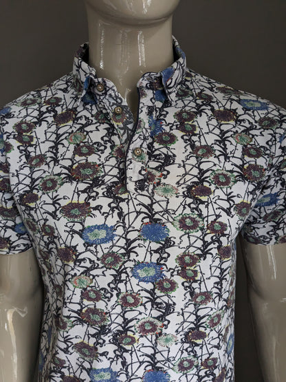 Max Goodman polo. Blauw Groen Rood Gele print. Maat XL.