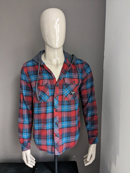 Billabong flannel shirt with hood. Red green checkered. Size M.