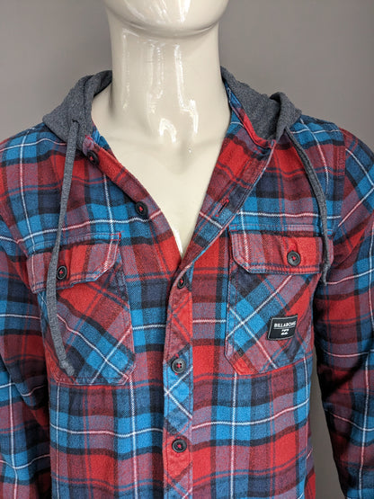 Billabong flannel shirt with hood. Red green checkered. Size M.