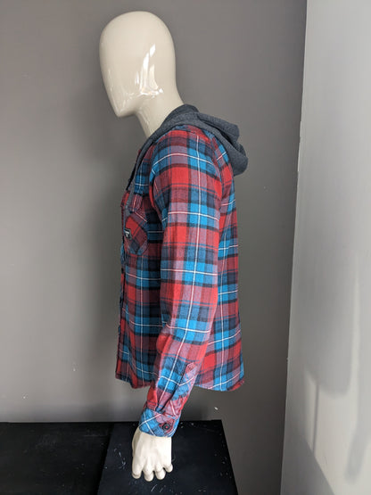 Billabong flannel shirt with hood. Red green checkered. Size M.