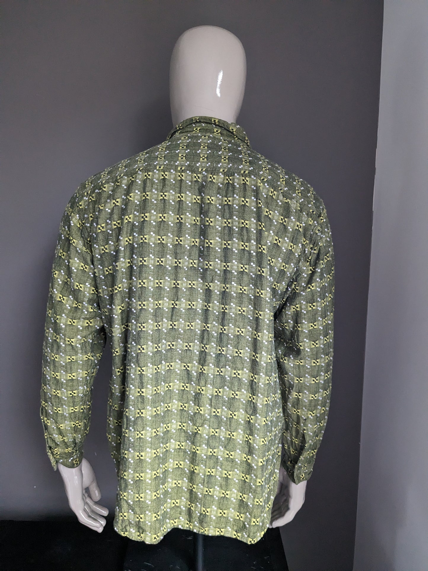 Vintage overhemd. Groen Zwart Wit motief. Maat XL.