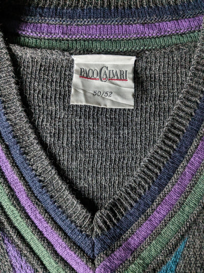 Suéter de lana Vintage Paco Calvari con cuello en V. Verde gris morado rojo de color azul de color. Tamaño L. (50% de lana)