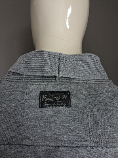 Vanguard sweater with sporty collar and buttons. Gray mixed. Size M.