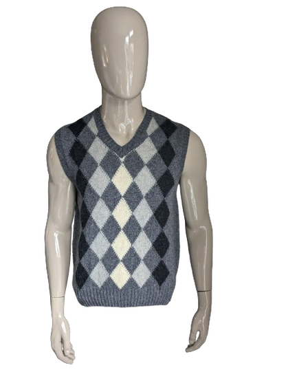 Vintage Hill & Archer Wools Spencer. Motif argyle beige gris. Taille L. 70% de laine.