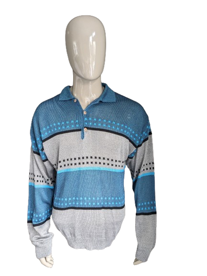 Vintage Gentile Polo Trui. Blauw grijs paars zwart. Maat L.