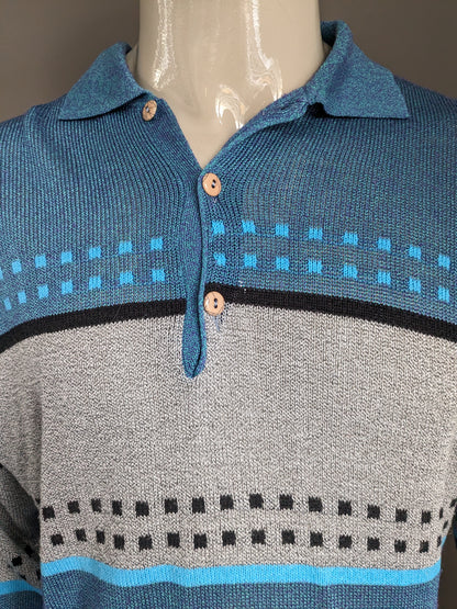 Vintage Gentile Polo Trui. Blauw grijs paars zwart. Maat L.