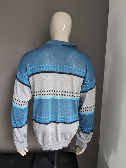 Vintage Gentile Polo Trui. Blauw grijs paars zwart. Maat L.