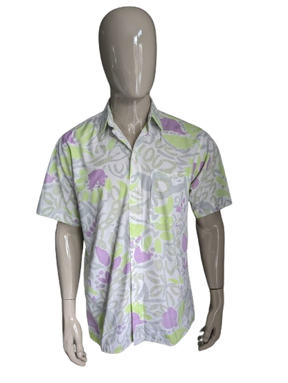 Vintage 90's silverstone shirt short sleeve. Purple green white print. Size L.