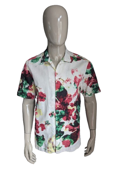 H&M Logg print overhemd korte mouw. Beige rood geel groene bloemen print. Maat L. Regular Fit.