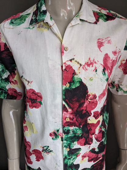 H&M Logg print overhemd korte mouw. Beige rood geel groene bloemen print. Maat L. Regular Fit.