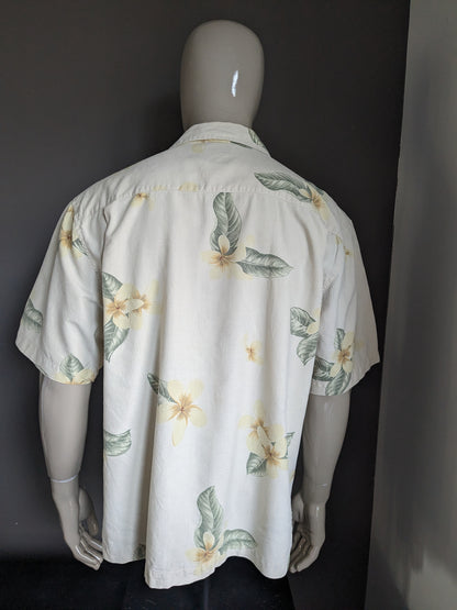 Jamaika Jaxx Original Hawaii Shirt Kurzarm. Seide mit beige gelben grünen Blüten drucken. Größe xl.