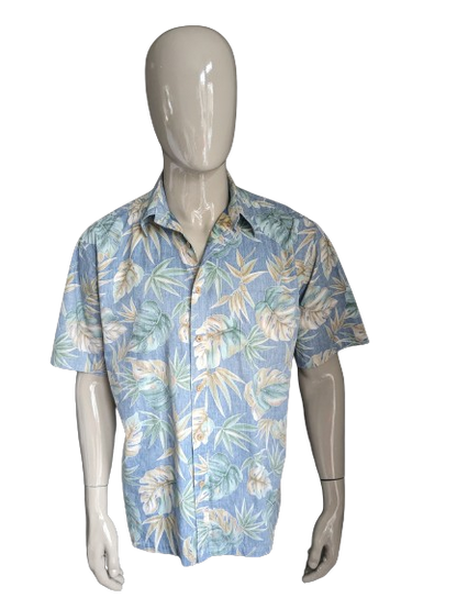 Cook Street Honolulu origineel Hawaii overhemd korte mouw. Blauw beige groen bladmotief. Maat L / XL.