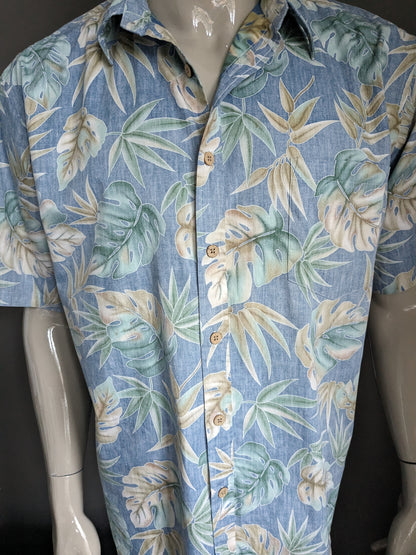 Cook Street Honolulu origineel Hawaii overhemd korte mouw. Blauw beige groen bladmotief. Maat L / XL.