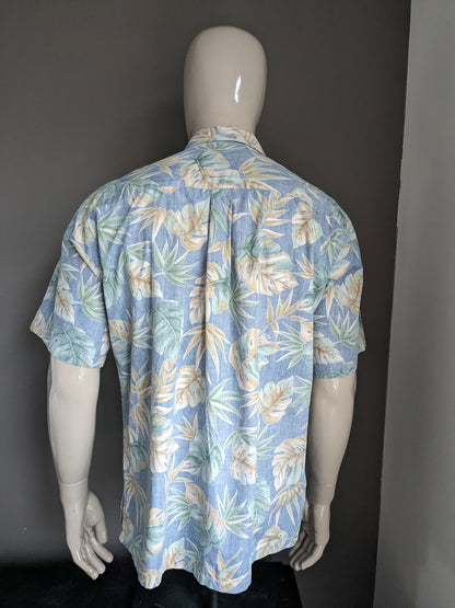 Cook Street Honolulu Original Hawaii Shirt Short Sleeve. Blue beige green leaf motif. Size L / XL.