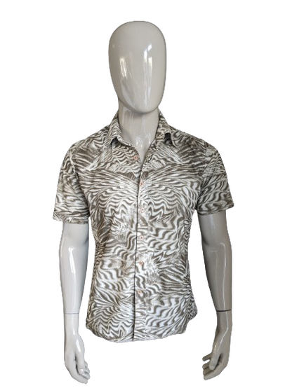 Vintage Marcellan Shirt short sleeve. Beige brown print. Size L. Stretch.