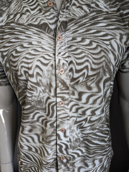 Vintage Marcellan Shirt short sleeve. Beige brown print. Size L. Stretch.