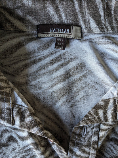 Vintage Marcellan -Shirt Kurzarm. Beige Brown Print. Größe L. Stretch.