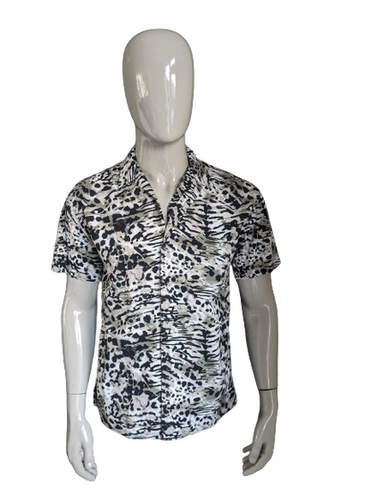 Jack & Jones overhemd korte mouw. Zwart Beige Groene print. Maat M / L.