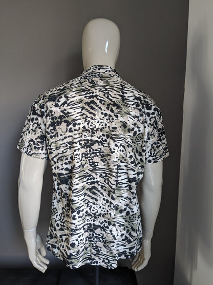 Jack & Jones overhemd korte mouw. Zwart Beige Groene print. Maat M / L.