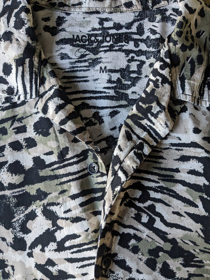 Jack & Jones overhemd korte mouw. Zwart Beige Groene print. Maat M / L.