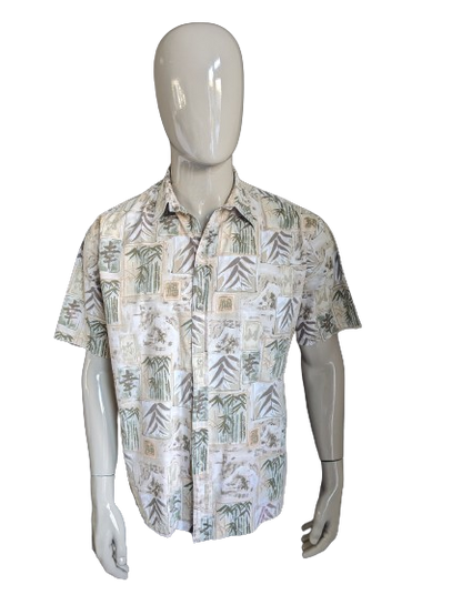 Cooke Street Honolulu Hawaii overhemd korte mouw. Groen Beige print. Maat XXL / 2XL.