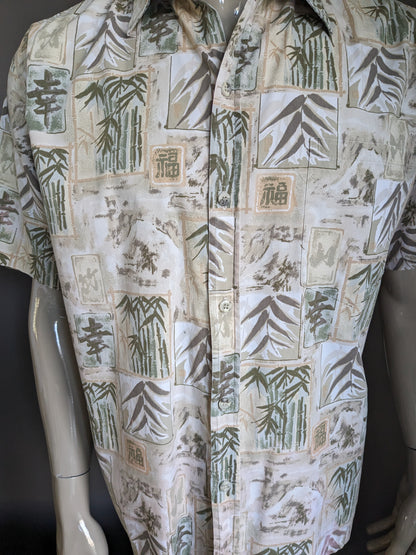 Cooke Street Honolulu Hawaii overhemd korte mouw. Groen Beige print. Maat XXL / 2XL.