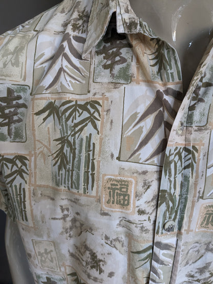 Cooke Street Honolulu Hawaii overhemd korte mouw. Groen Beige print. Maat XXL / 2XL.